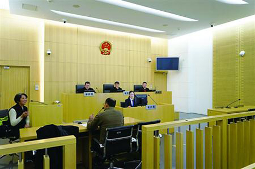 法庭现场，左边这位女士是翻译人员，男子是当事人　陈洁　摄